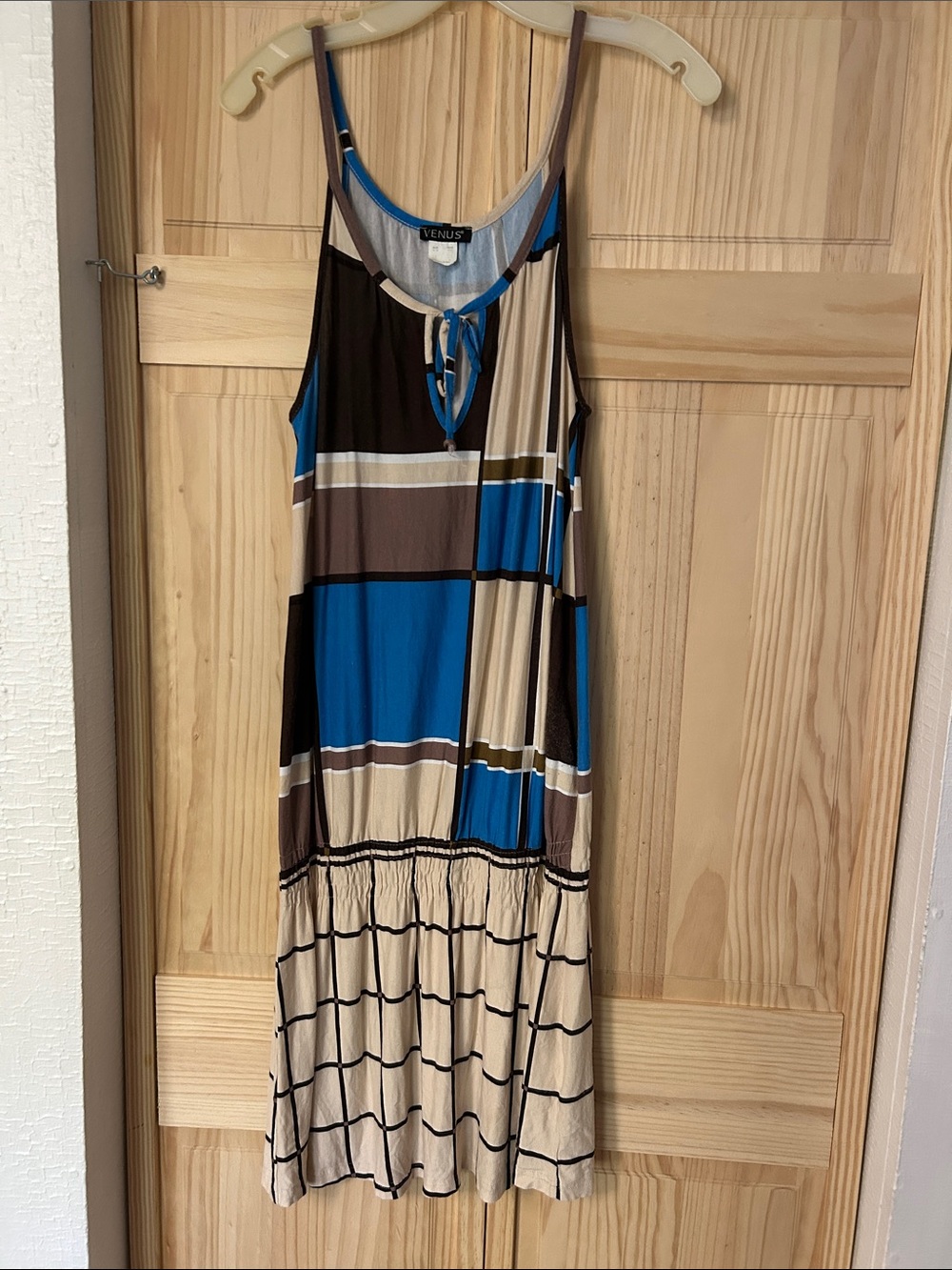 VENUS Blue, Beige & Brown Striped Midi Tank Dress